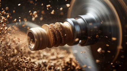 close up of wood lathe sculpting walnut piece, showcasing intricate details and flying wood shavings. dynamic motion captures artistry and craftsmanship involved in woodworking