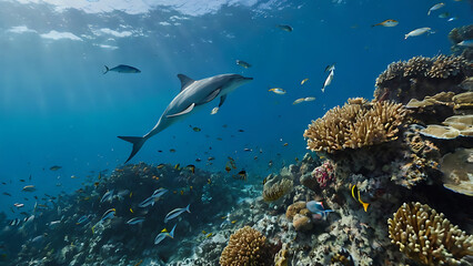 Fototapeta premium Dolphin Swimming Among Coral Reef with Colorful Fish Underwater Shot