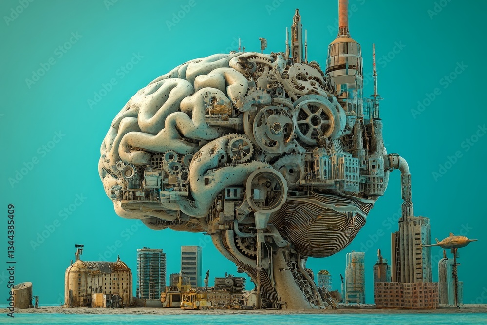 Poster a brain rendered in abstract form is encircled by gears and various cityscape elements
