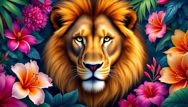 Majestic Lion in Tropical Flowers Digital Art Print