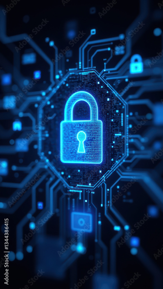 Aufkleber cybersecurity with a secure lock surrounded by network lines and digital data streams.