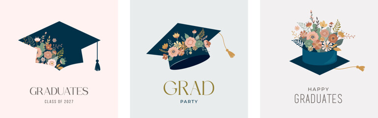 Floral Themed Graduation Party Invitations. Colorful Graduation Cards Design with Cap and Flowers.