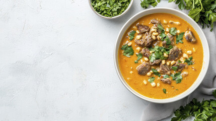 Delicious kare kare stew with beef, vegetables, and peanut sauce, garnished with herbs. comforting dish perfect for sharing