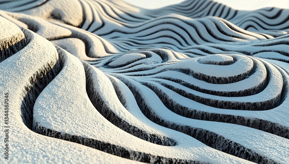 Poster a 3d rendering depicts metallic blue waves that have a smooth and reflective texture