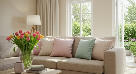 Naklejka premium Living Room with Sofa, Tulips, Natural Light, and Garden View