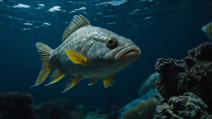 Fototapeta premium Swimming Large Mouth Bass Fish in Deep Blue Ocean Water Scene