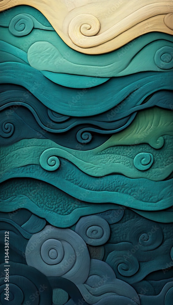 Poster a 3d rendering shows abstract swirling wave patterns in shades of green and yellow