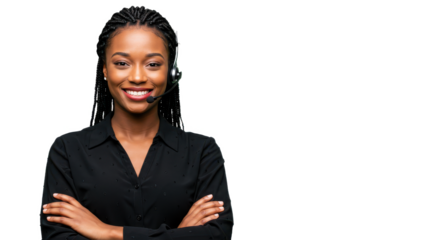 Portrait of a happy call center black woman arms crossed isolated on transparent, White background