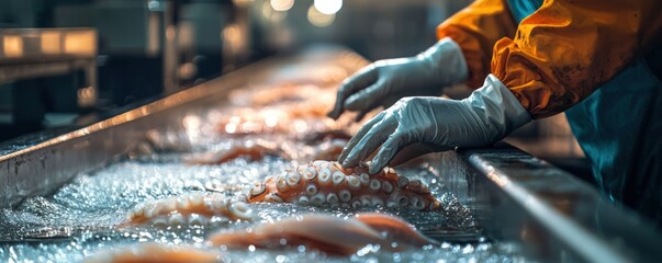 Fresh Seafood Preparation in Industrial Kitchen with Octopus on Processing Line