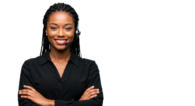 Portrait of a happy call center black woman arms crossed isolated on transparent, White background