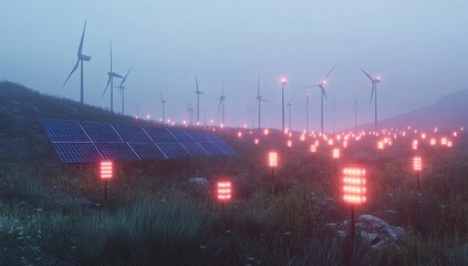 Obraz premium Futuristic wind farm at dawn. Solar panels and glowing lights