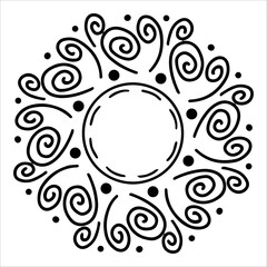 Hand drawn sun with swirling beams in doodle style. Abstract sun with curved lines and decorative twirls isolated on white background. Concept of sun as warmth, energy and creativity in artistic ink