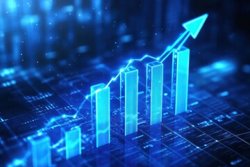 A blue bar graph with an upward arrow symbolizing growth and financial success