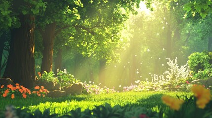 Obraz premium Sunlight Filtering Through Lush Green Trees in Enchanted Flower Garden With Vibrant Blooms and Gentle Breeze