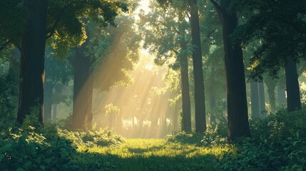 Obraz premium Sunlight Filtering Through Trees in a Lush Green Forest with Vibrant Natural Scenery and Soft Grass Underfoot