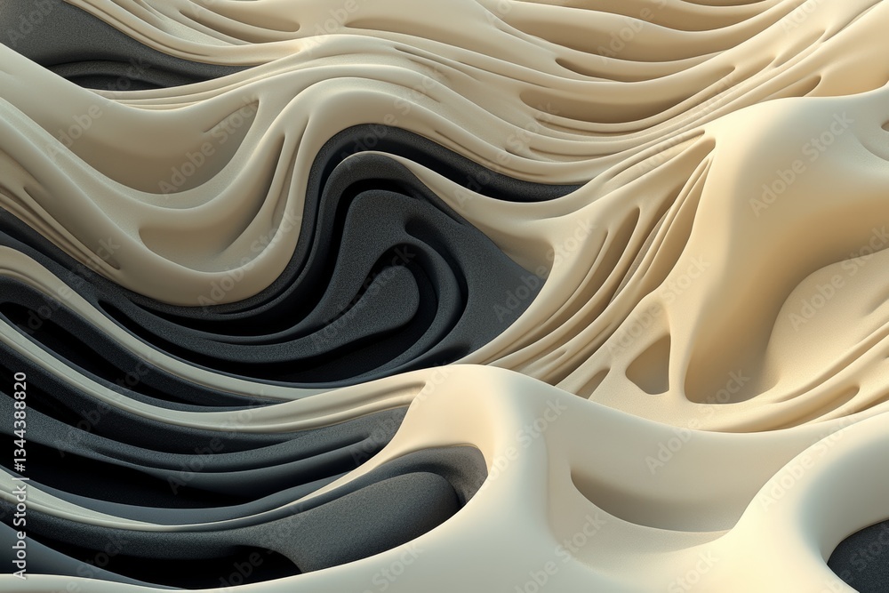 Poster a 3d rendering depicts glass panels arranged in a fabric-like manner to form an abstract wavy design