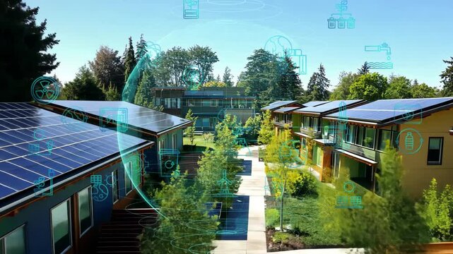 Smart Eco rooftop passive AI solar Save the planet earth in Net zero ESG SDGs plant go green world global low CO2 emission. Future growth Panels cells roof grid sun light electric power supply panel.
