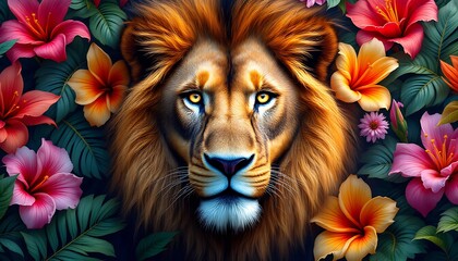 Majestic Lion Amidst Vibrant Tropical Flowers