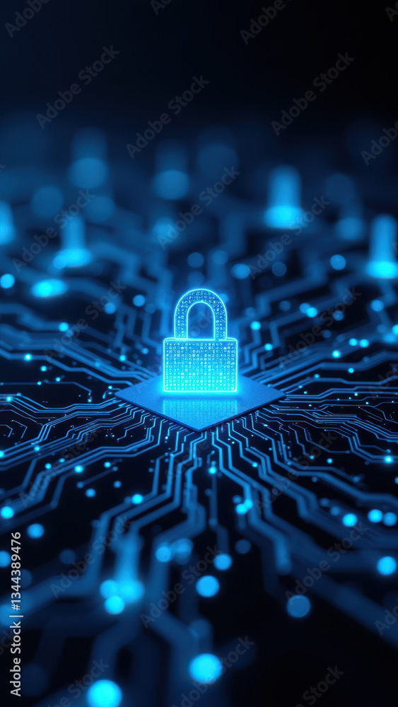Poster a high-tech digital security graphic with a lock symbol at the center of a networked circuit board.