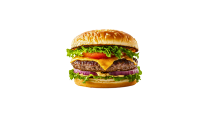 Tasty and large hamburger prepared in the classic way, a transparent hamburger, just like in advertisements, a fast and popular food.
