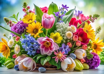 Obraz premium Spring Flowers and Foliage Bouquet - PNG Background
