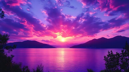 Vibrant sunset over calm sea and mountains.