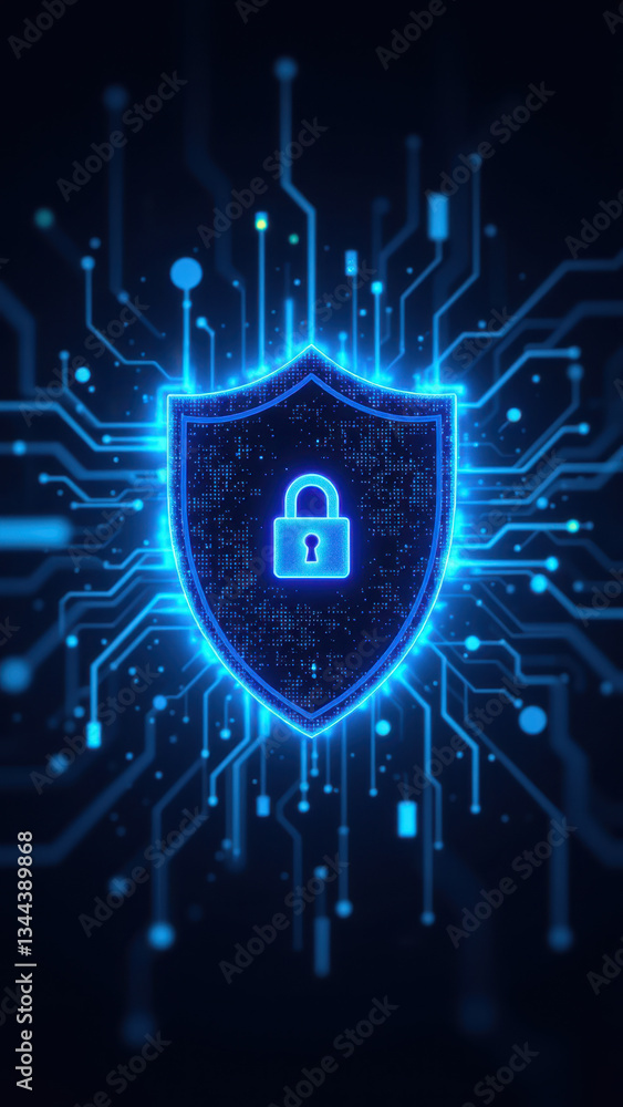 Poster cybersecurity concept with a glowing shield lock symbol surrounded by digital circuitry.