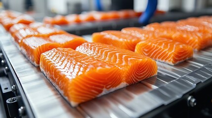 Fresh Salmon Fillets on Conveyor Belt in Modern Food Processing Facility