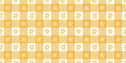Spring floral vibrant gingham orange yellow vector pattern background, plaid daisy wallpaper design