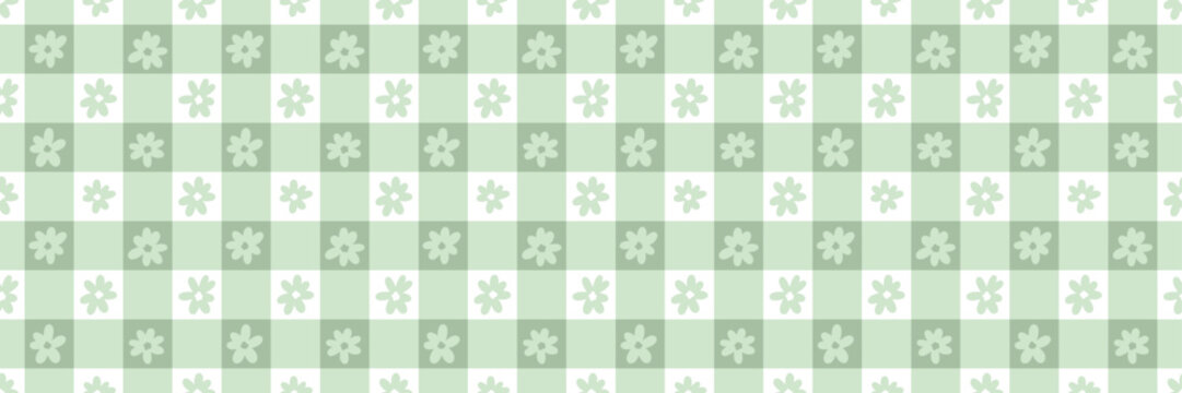 Light green cute girly floral gingham plaid spring vector repeat pattern banner, wide horizontal background design