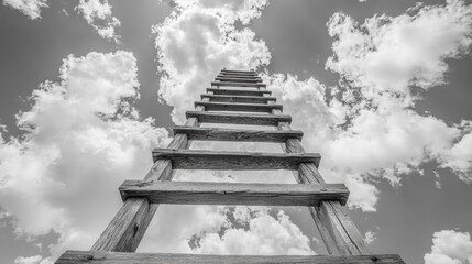 Ascending dreams wooden ladder reaching for the sky outdoor photography open space low angle high fidelity concept