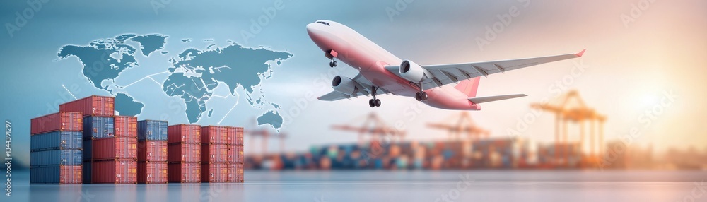 Poster a plane takes off above shipping containers with a world map backdrop, symbolizing global trade and 
