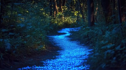 Obraz premium Glowing Blue Pathway in Lush Forest Surrounded by Greenery at Twilight for Mysterious Wilderness Exploration