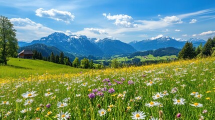 Alpine Meadow Panorama, Wildflowers Bloom beneath Majestic Mountains