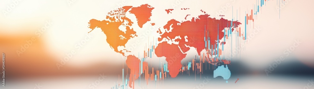 Poster abstract world map with vibrant colors and data visualization elements, symbolizing global trends an