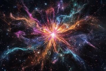 Cosmic explosion showcasing vibrant colors and swirling particles in deep space