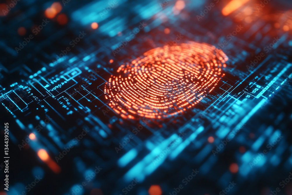 Poster vibrant digital fingerprint is displayed against backdrop of intricate circuitry, symbolizing advanc