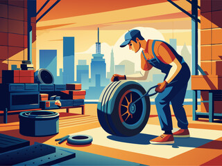Mechanic Working in Garage with City Skyline: Tire Repair in Urban Setting at Sunset