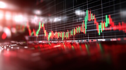 Abstract digital financial chart with red and green lines depicting market trends.