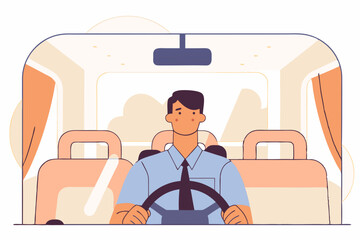 Bus Driver in Uniform Steering Wheel Illustration - Front View of Commuter Transport