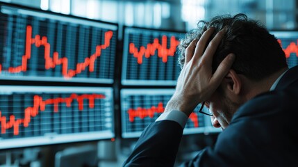A stressed trader holds his head in despair while analyzing fluctuating stock market graphs on multiple screens.