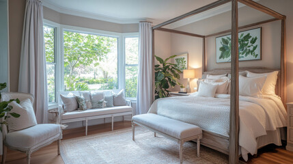 serene bedroom retreat featuring four poster bed, soft white linens, and natural light streaming through large windows. calming decor includes greenery and cozy seating, creating peaceful