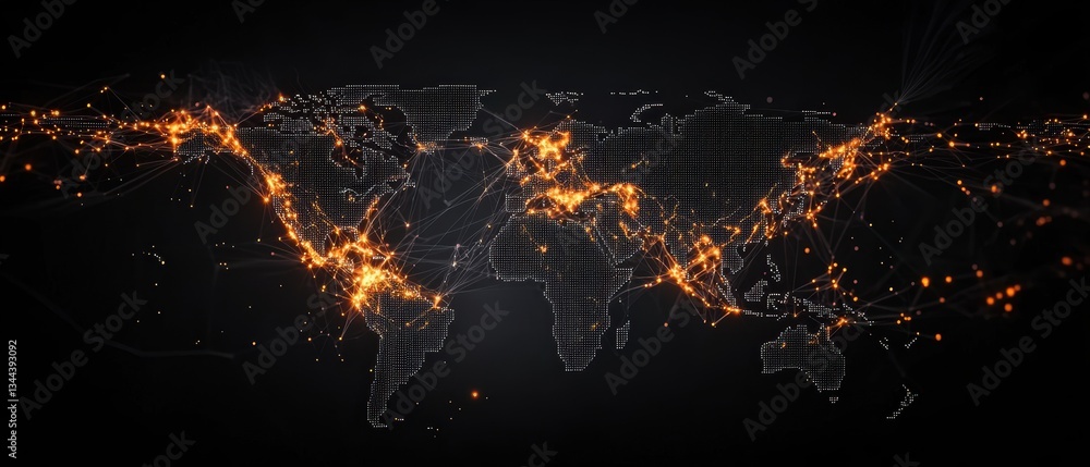 Poster abstract representation of a world map illuminated with lines and nodes, suggesting connectivity and