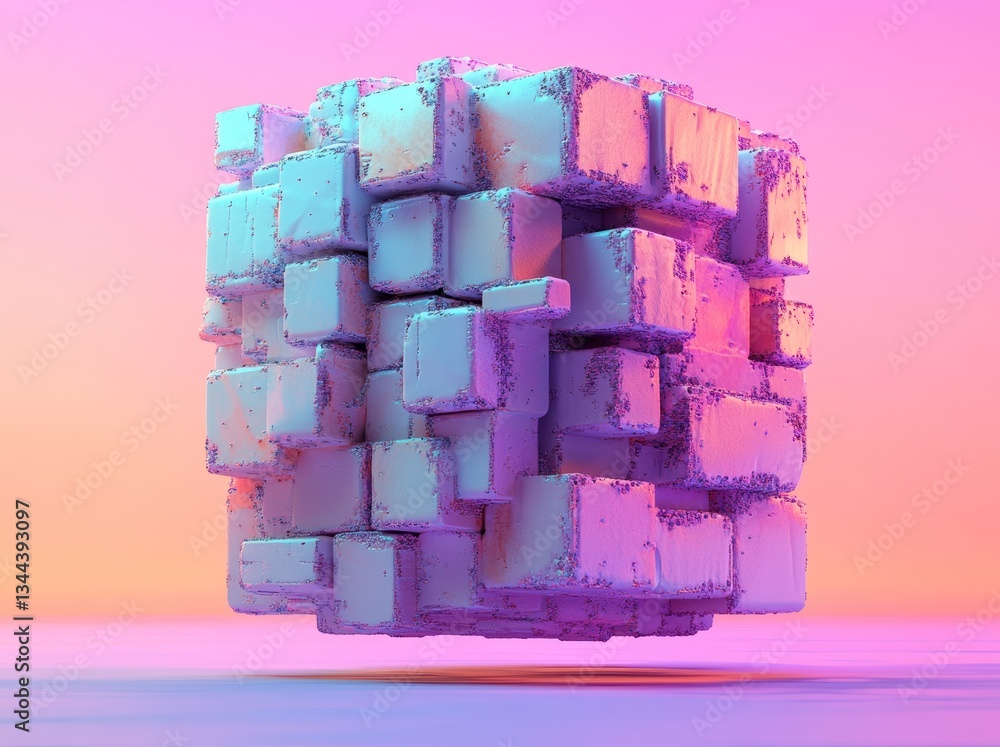 Poster a purple cube is depicted in an abstract 3d rendering as it explodes into particles
