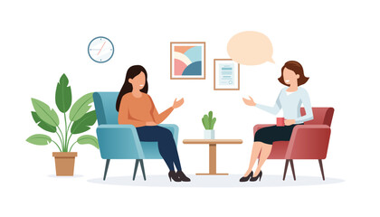 Vector flat simple illustration of two women sitting in armchairs talking - specialist consultation, therapy session, coaching or counseling