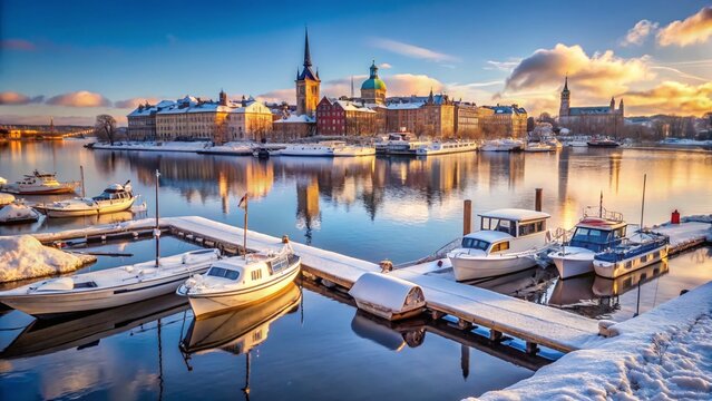 Stockholm Winter Harbor: Lilla Essingen Jetty with City Skyline & Snow