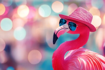 Bright pink flamingo in sunglasses with a hat on a bright blurred background, concept of summer holidays, tourism, banner with copyspace
