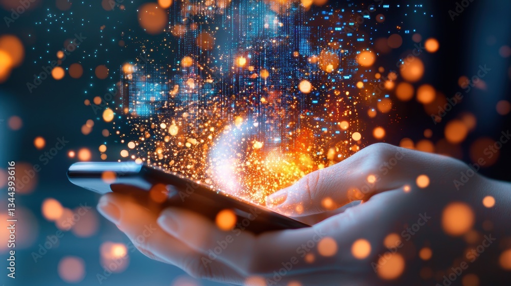 Poster a hand holds a smartphone emitting glowing particles, symbolizing technology and digital interaction