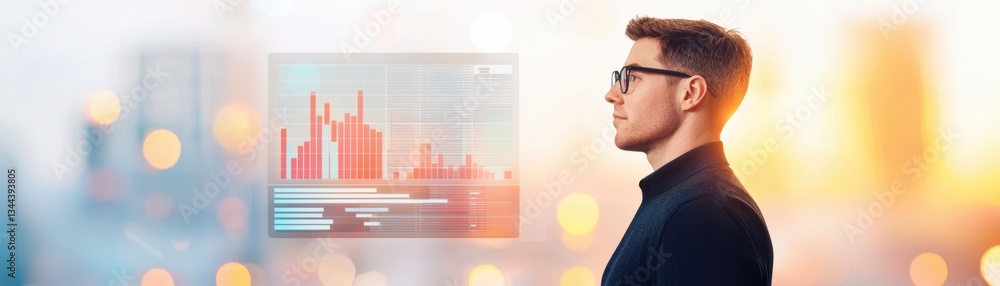 Poster a profile view of a man with glasses, contemplating data visualizations in a business environment, e