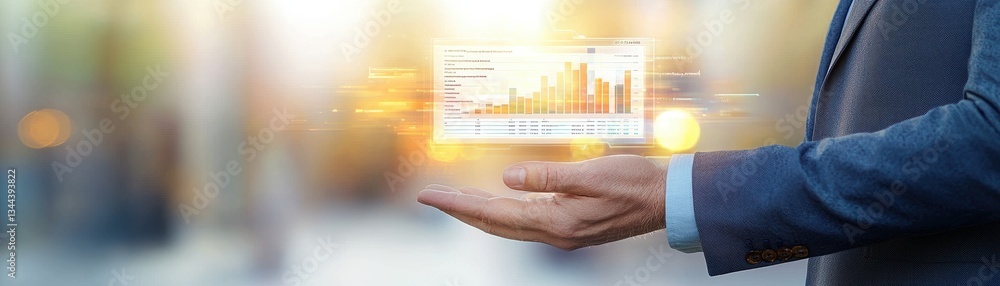 Poster a hand holds a digital screen displaying financial graphs, symbolizing data analysis and business gr